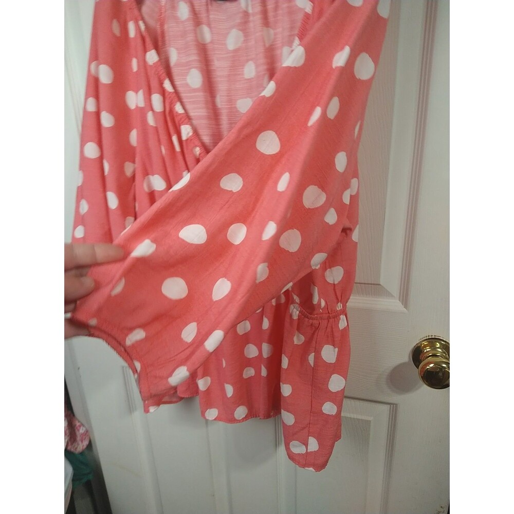 Lane Bryant 22 Pink White Polkadot Babydoll Top Wrap Front 3/4 Puff Sleeve - Picture 5 of 7